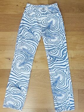 Zara High Rise Straight Leg Printed Swirl Denim Jeans Blue White Retro Size 0